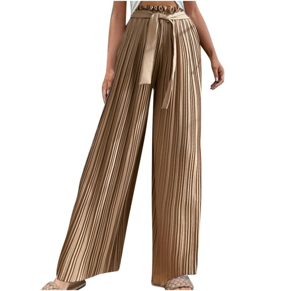 XFLWAM Palazzo Pants for Women High Waist Wide Leg Pants Split Casual Lounge Paper Bag Pants Flowy Trousers with Pockets Khaki S