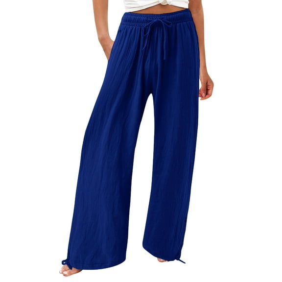 XFLWAM Pants for Women Summer High Waisted Wide Leg Trousers Casual Elastic Waist Palazzo Pants Beach Pants with Pockets