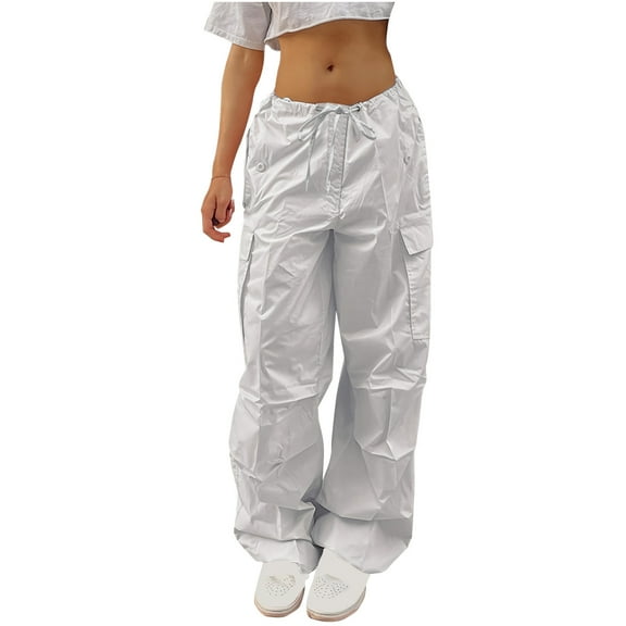 XFLWAM Parachute Pants Baggy for Women Drawstring Elastic Low Waist Ruched Cargo Pants Women Multiple Pockets Y2K Pants