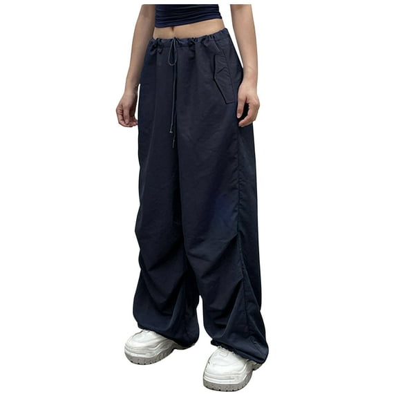 XFLWAM Parachute Pants for Women Cargo Pants Women Baggy Y2K Low Waist Wide Leg Baggy Relaxed Jogger Pants Black S