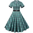 thumbnail image 1 of XFLWAM Plaid Cocktail Party Dress for Women's Lapel V Neck Button Down 50s 60s Vintage Dress 1950s Retro Hepburn A-Line Swing Tea Dresses Green S, 1 of 4