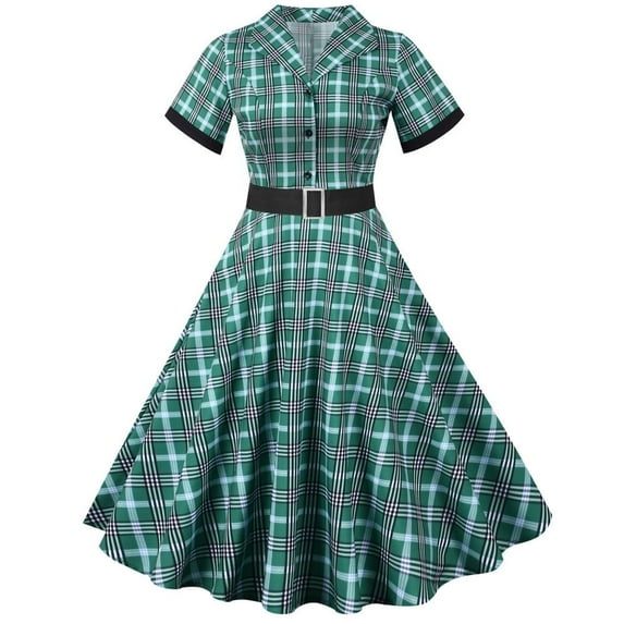 XFLWAM Plaid Cocktail Party Dress for Women's Lapel V Neck Button Down 50s 60s Vintage Dress 1950s Retro Hepburn A-Line Swing Tea Dresses Green S