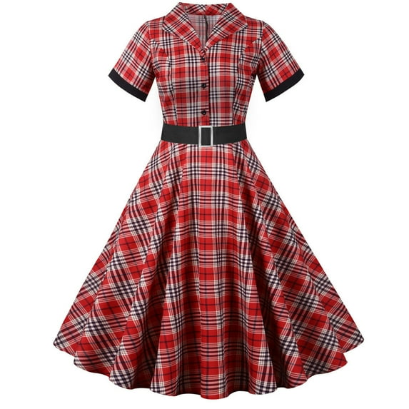 XFLWAM Plaid Cocktail Party Dress for Women's Lapel V Neck Button Down 50s 60s Vintage Dress 1950s Retro Hepburn A-Line Swing Tea Dresses Red XL