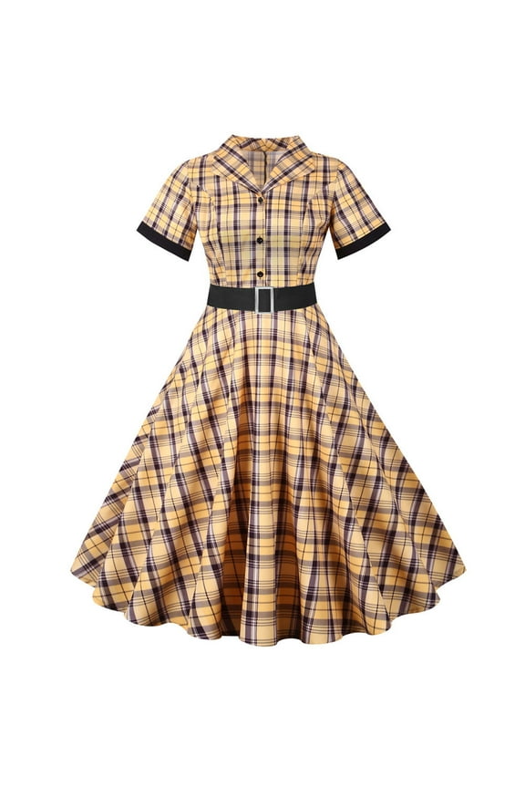 Plaid Cocktail Party Dress for Women's Lapel V Neck Button Down 50s 60s Vintage Dress 1950s Retro Hepburn A-Line Swing Tea Dresses Yellow XL