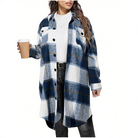 XFLWAM Plaid Flannel Shirt for Women Long Sleeve Button Down Shirt Oversized Lapel Shacket Jacket Casual Long Coats