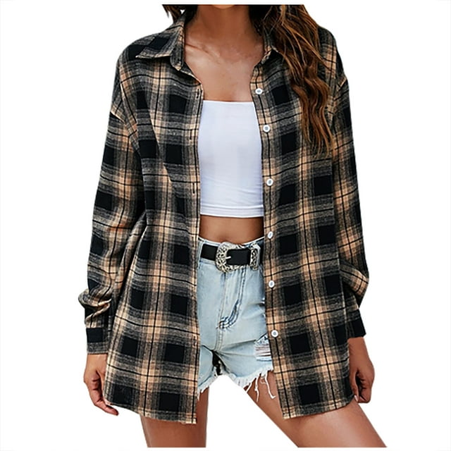 XFLWAM Plaid Flannel Shirts for Women Oversized Long Sleeve Button Down ...