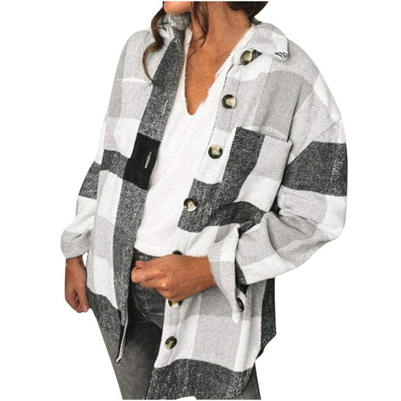 XFLWAM Plaid Jackets for Women Flannel Shacket Coats Oversized Button Down Shirts Turn-down Collar Jacket with Pocket Gray L