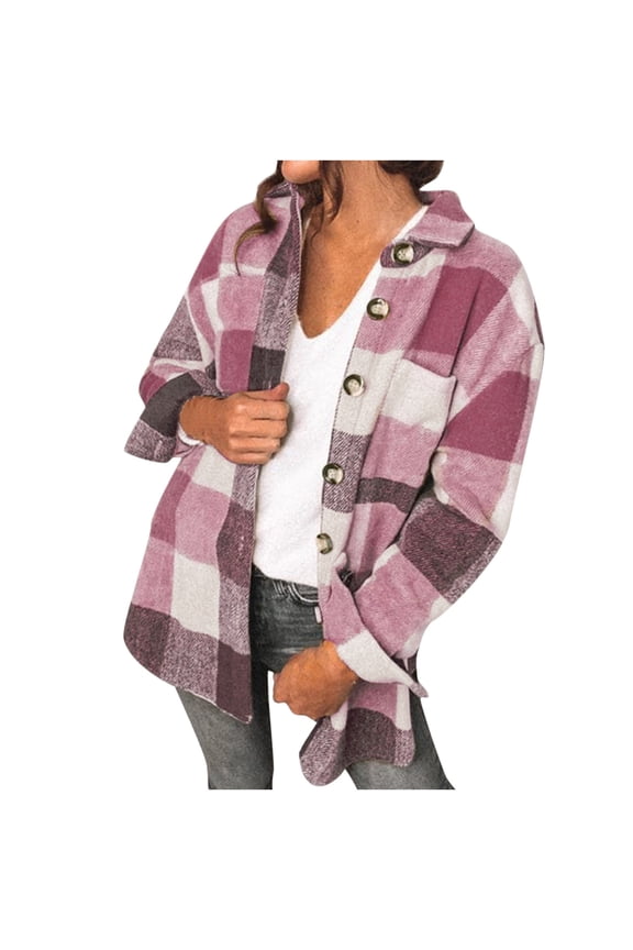 Plaid Jackets for Women Flannel Shacket Coats Oversized Button Down Shirts Turn-down Collar Jacket with Pocket Red 3XL