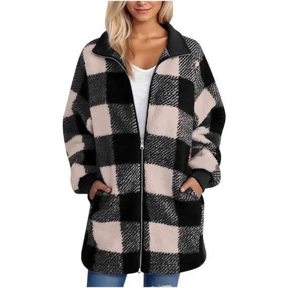 XFLWAM Plaid Sherpa Jacket Women Plus Size Fleece Zip Up Hooded Jacket Soft Fuzzy Oversized Lightweight Fall Winter Coats with Pockets