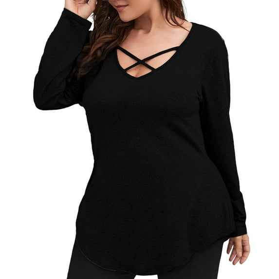 XFLWAM Plus Size Tops for Women Long Sleeve V Neck Criss Cross Shirts Solid Color Tunics Fall Winter Black XXL