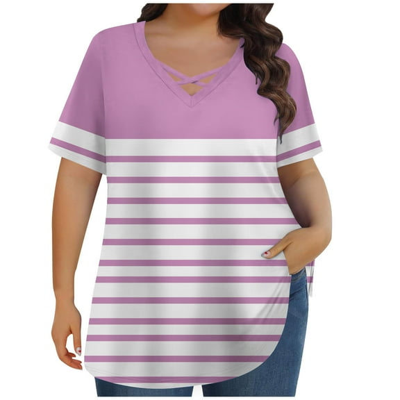 XFLWAM Plus Size Tops for Women Summer Trendy Criss Cross V Neck T Shirts Oversized Casual Loose Fit Short Sleeve Tunic Tops