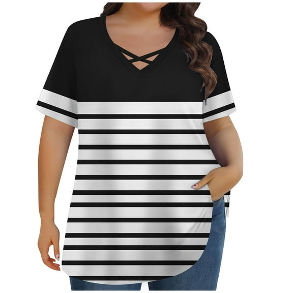 XFLWAM Plus Size Tops for Women Summer Trendy Criss Cross V Neck T Shirts Oversized Casual Loose Fit Short Sleeve Tunic Tops