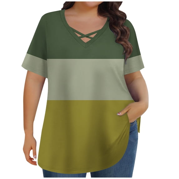 XFLWAM Plus Size Tops for Women Summer Trendy Criss Cross V Neck T Shirts Oversized Casual Loose Fit Short Sleeve Tunic Tops