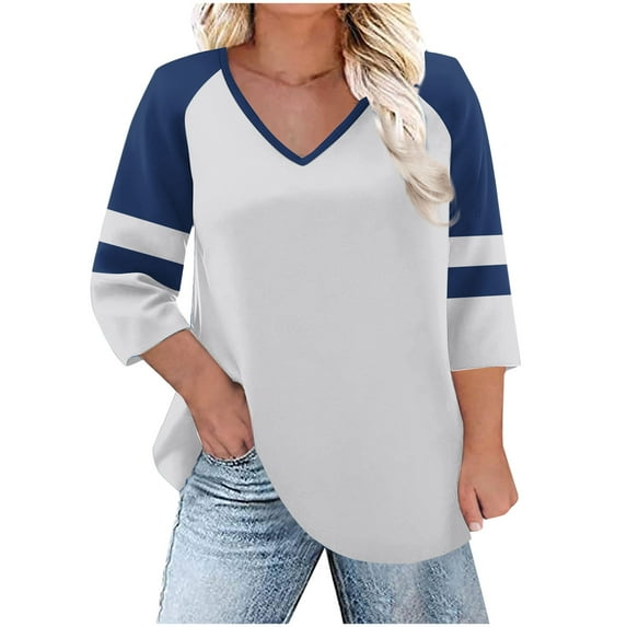 XFLWAM Plus Size Tops for Women V Neck Three Quarters Raglan Sleeve T Shirts Comfy Casual Loose Fit Color Block Blouses