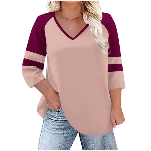 XFLWAM Plus Size Tops for Women V Neck Three Quarters Raglan Sleeve T Shirts Comfy Casual Loose Fit Color Block Blouses