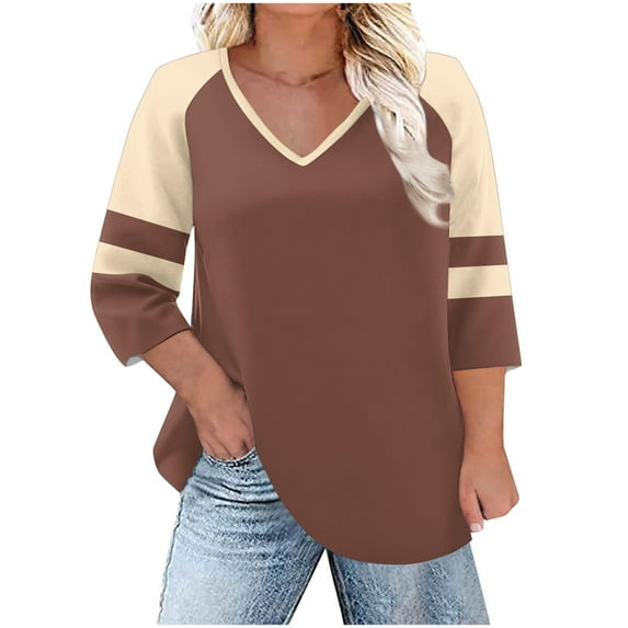 XFLWAM Plus Size Tops for Women V Neck Three Quarters Raglan Sleeve T Shirts Comfy Casual Loose Fit Color Block Blouses