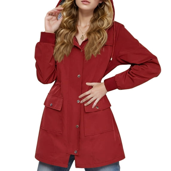 XFLWAM Rain Jacket Women Sherpa Lined Hooded Coats Lightweight Outdoor Jackets Windbreaker Long Sleeve Tops with Pockets Red M