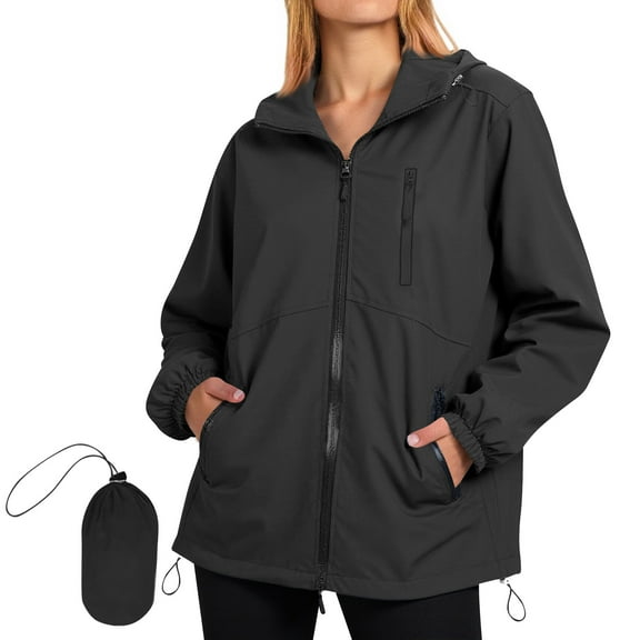 XFLWAM Rain Jacket for Women Waterproof Lightweight Windbreaker Jacket with Hood Packable Raincoat with Pockets Black XXL