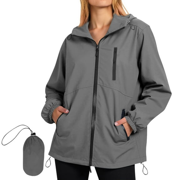 XFLWAM Rain Jacket for Women Waterproof Lightweight Windbreaker Jacket with Hood Packable Raincoat with Pockets Dark Gray XL