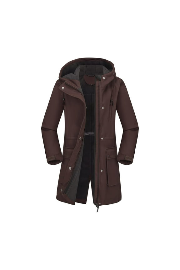 Rain Jackets for Women Fleece Lined Hooded Down Jacket Thicken Winter Warm Parka Anorak Waterproof Windbreaker Trench Coat with Pockets Coffee S