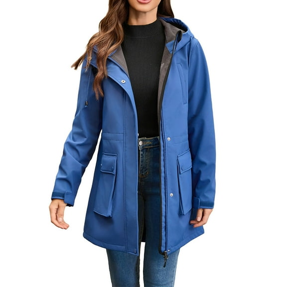 XFLWAM Rain Jackets for Women Fleece Lined Hooded Down Jacket Thicken Winter Warm Parka Anorak Waterproof Windbreaker Trench Coat with Pockets Blue M
