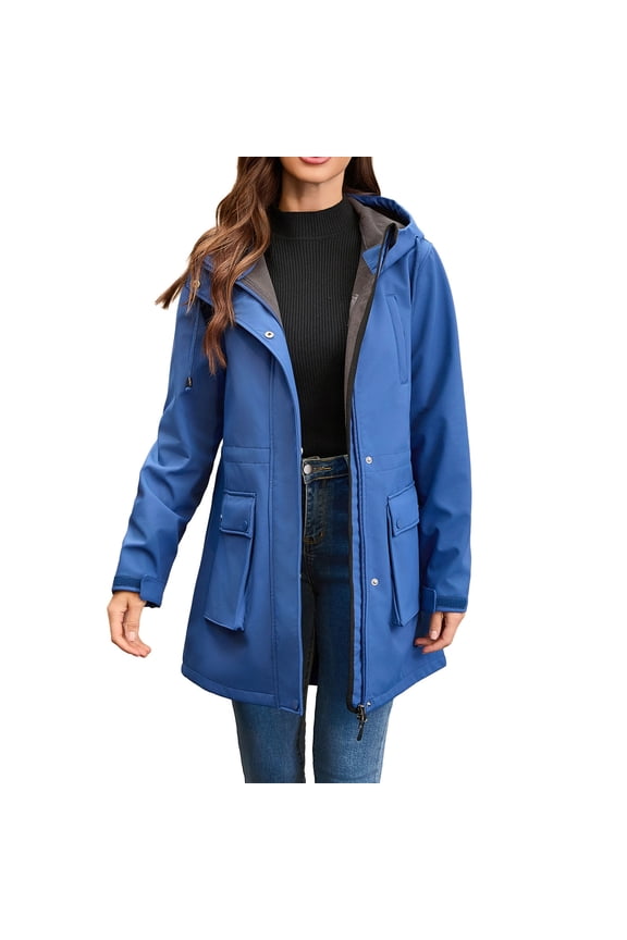 Rain Jackets for Women Fleece Lined Hooded Down Jacket Thicken Winter Warm Parka Anorak Waterproof Windbreaker Trench Coat with Pockets Blue S