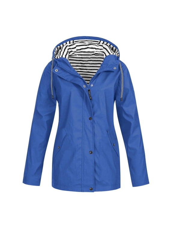 Raincoat for Women Striped Lined Waterproof Rain Jacket with Hood Outdoor Lightweight Zip Up Windbreaker Travel Jackets Blue S