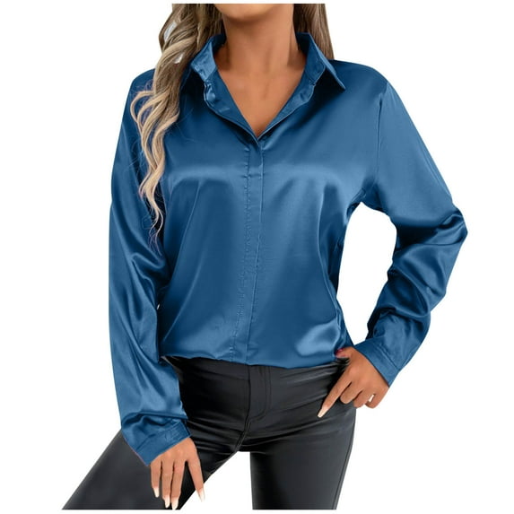 XFLWAM Satin Blouses for Women Casual Long Sleeve Button Down Silk Shirts Dressy Business Work Tunic Tops