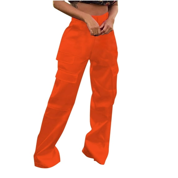 XFLWAM Satin Cargo Pants for Women High Waist Multiple Pockets Wide Leg Trouser