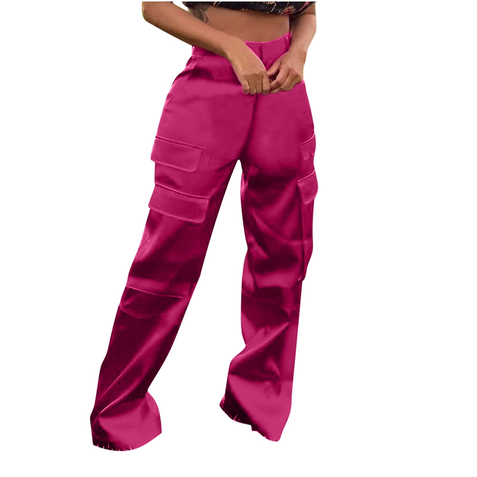 High Waist Satin Flare Leg Pink Pants Women With Pocket For Women