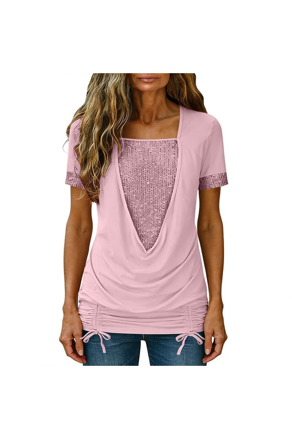 Sequin Tops for Women Sparkly Glitter Short Sleeve Drape Neck T Shirts Casual Dressy Ruched Drawstring Tie Bow Blouses