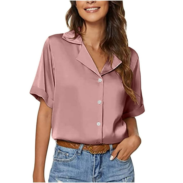 XFLWAM Silk Blouse for Women Short Sleeve Satin Button Down Shirts