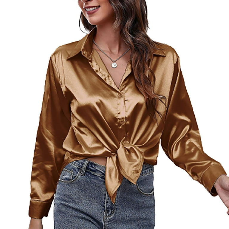 XFLWAM Silk Button Down Shirts for Women Long Sleeve Lapel Loose Drop  Shoulder Satin Blouse Top Brown M