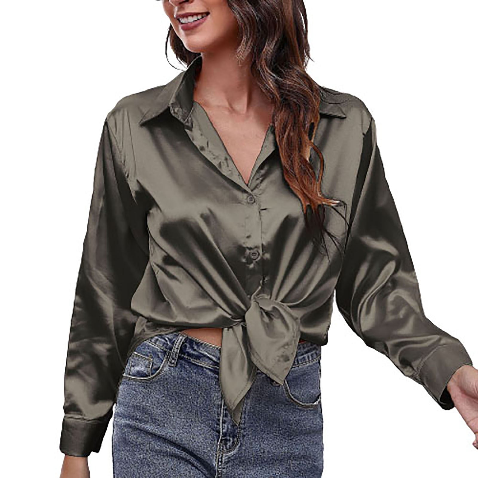 XFLWAM Silk Button Down Shirts for Women Long Sleeve Lapel Loose