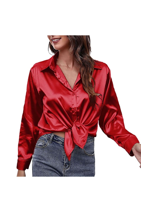 Silk Button Down Shirts for Women Long Sleeve Lapel Loose Drop Shoulder Satin Blouse Top Red XL