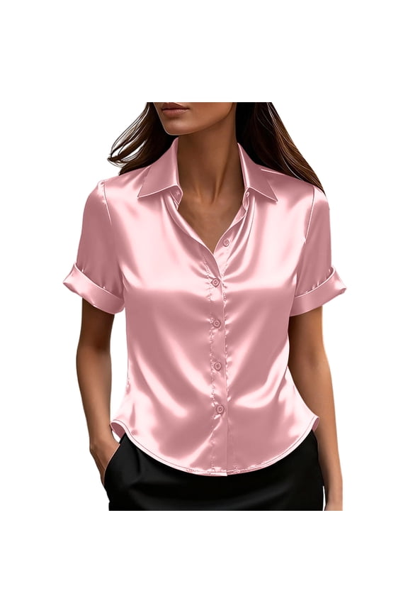Silk Button Down Shirts for Women Short Sleeve Lapel V Neck Summer Tunic Tops Casual Work Satin Blouses