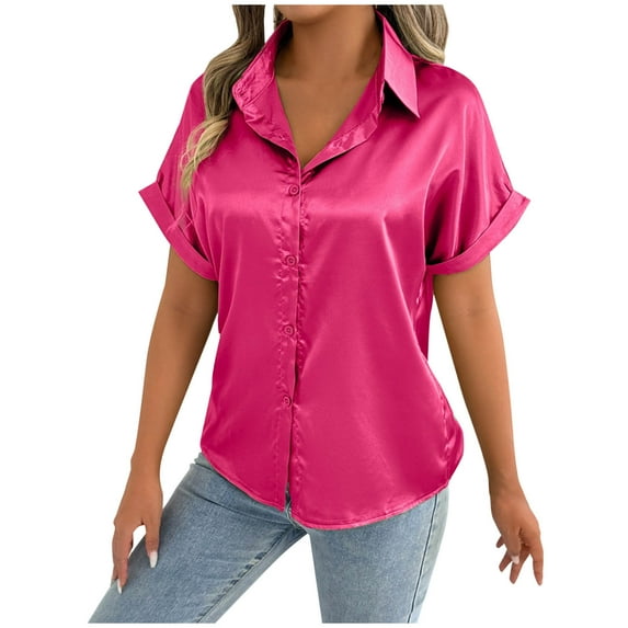 XFLWAM Silk Button Down Shirts for Women Short Sleeve V Neck Summer Tunic Tops Casual Work Satin Blouses