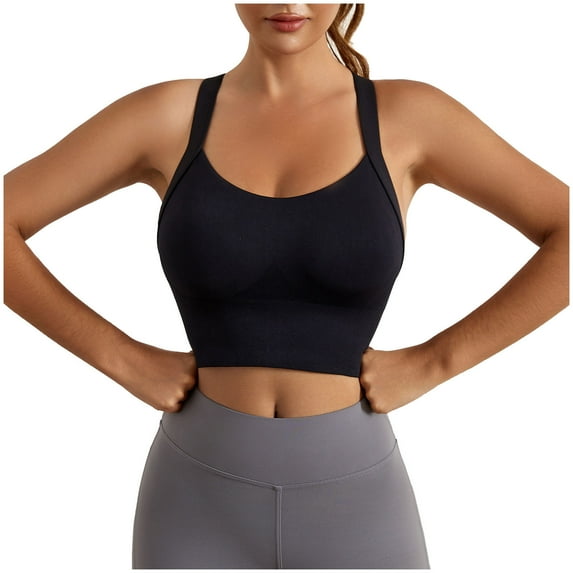 XFLWAM Sports Bras for Women High Impact Sports Bras for Women Criss-Cross Back Longline Sports Bra Strappy Padded Sports Bra Black S