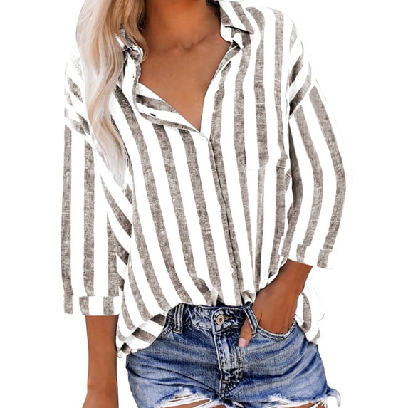 XFLWAM Striped Shirts for Women Casual Button Down Blouse 3/4 Long Sleeve Shirt Jacket Loose Fit Lightweight Fall Blouse Brown S
