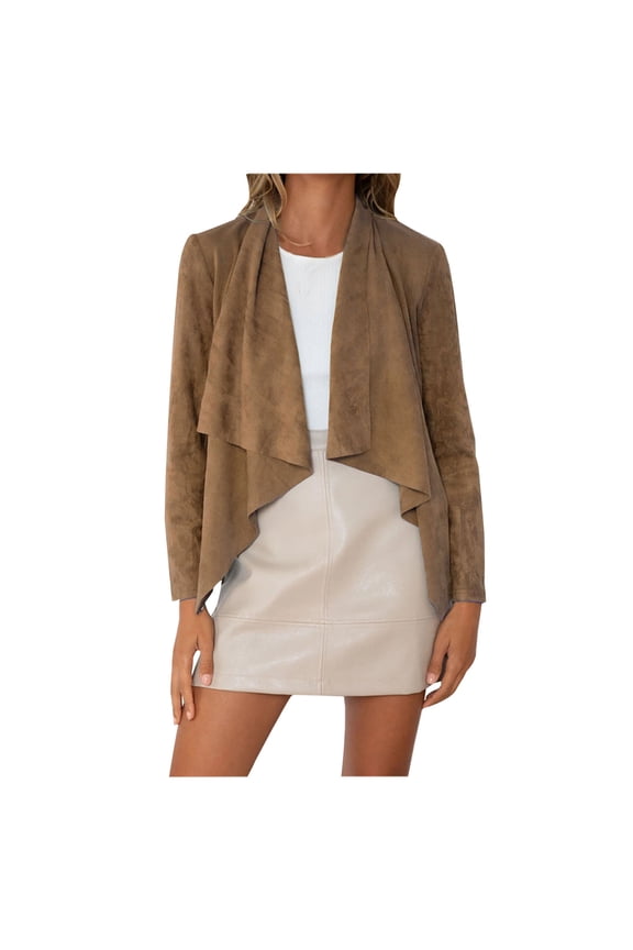 Suede Jacket Cardigan for Womens Waterfall Lapel Collar Cropped Cardigan Coat Solid Color Long Sleeve Fall Winter Faux Leather Jackets Brown XL