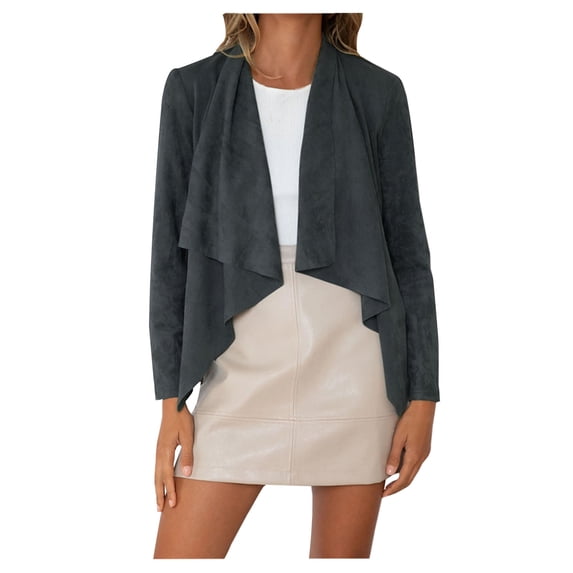 XFLWAM Suede Jacket Cardigan for Womens Waterfall Lapel Collar Cropped Cardigan Coat Solid Color Long Sleeve Fall Winter Faux Leather Jackets Gray 3XL