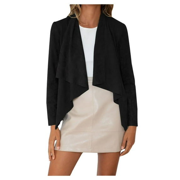 XFLWAM Suede Jacket Cardigan for Womens Waterfall Lapel Collar Cropped Cardigan Coat Solid Color Long Sleeve Fall Winter Faux Leather Jackets Black S