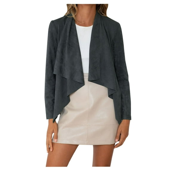 XFLWAM Suede Jacket Cardigan for Womens Waterfall Lapel Collar Cropped Cardigan Coat Solid Color Long Sleeve Fall Winter Faux Leather Jackets Gray L