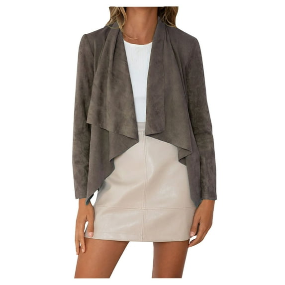 XFLWAM Suede Jacket Cardigan for Womens Waterfall Lapel Collar Cropped Cardigan Coat Solid Color Long Sleeve Fall Winter Faux Leather Jackets Khaki M