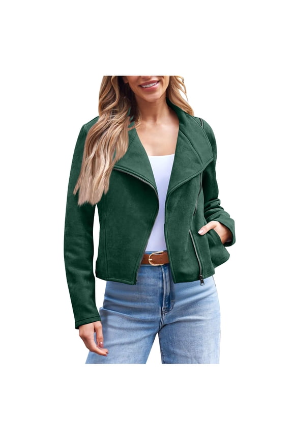 Suede Jacket Womens Casual Zipper Open Front Cropped Jacket Outwear Lapel Long Sleeve Moto Biker Coats with Pockets