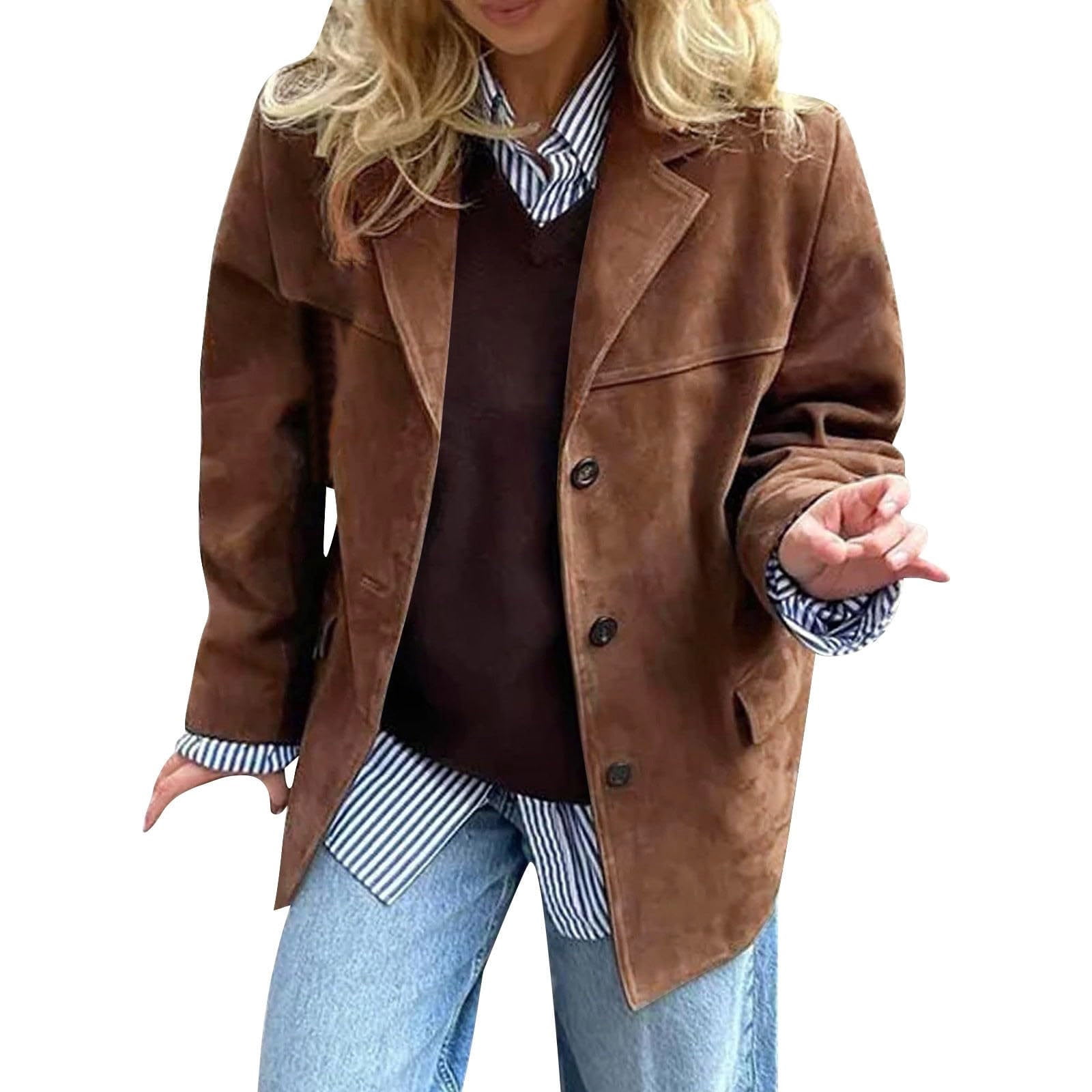 XFLWAM Suede Jackets for Women Y2k Outerwear Faux Leather Jacket Suede Blazers Oversized Fall Winter Coat Brown 3XL