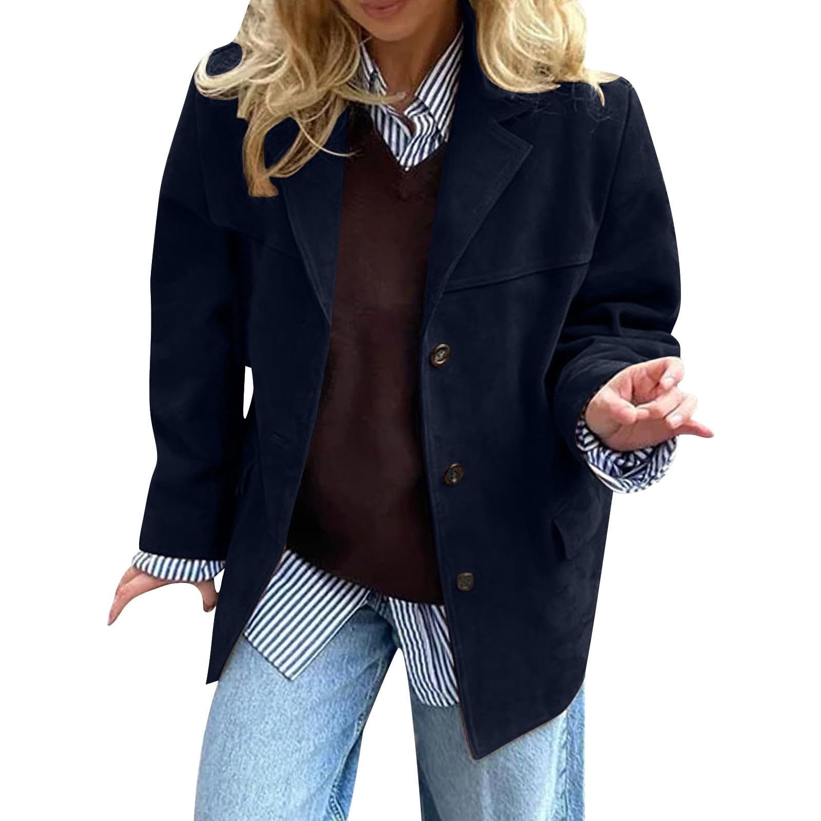 XFLWAM Suede Jackets for Women Y2k Outerwear Faux Leather Jacket Suede Blazers Oversized Fall Winter Coat Navy Blue S