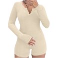 thumbnail image 1 of XFLWAM Summer One Piece Workout Jumpsuits for Women Casual Long Sleeve Control Bodycon Rompers Short Ribbed Bodysuits Beige L, 1 of 5