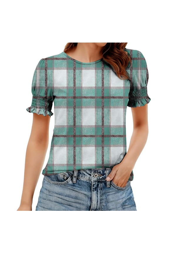 Summer Tops for Women Crew Neck Puff Sleeve Smocked Cuffed Tunic Shirts Lightweight Casual Loose Plaid Blouse