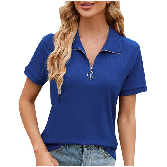 XFLWAM Summer Tops for Women Short Sleeve Zipper Polo Shirts Collared Down Casual Loose Fit Work Blouses